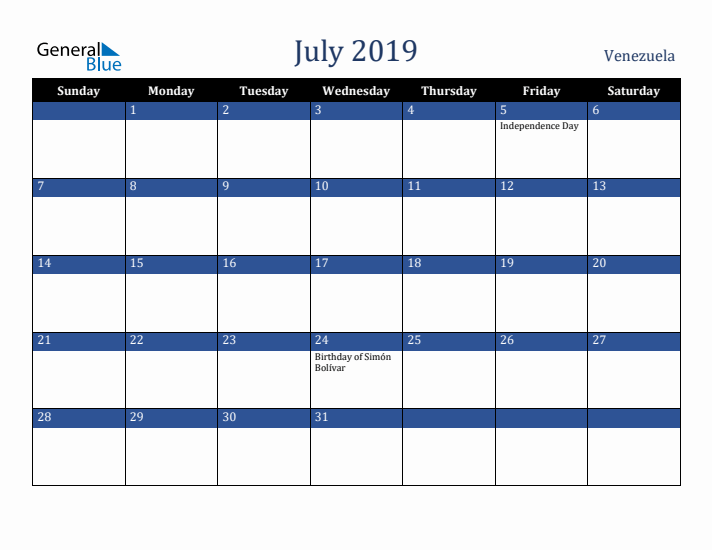 July 2019 Venezuela Calendar (Sunday Start)