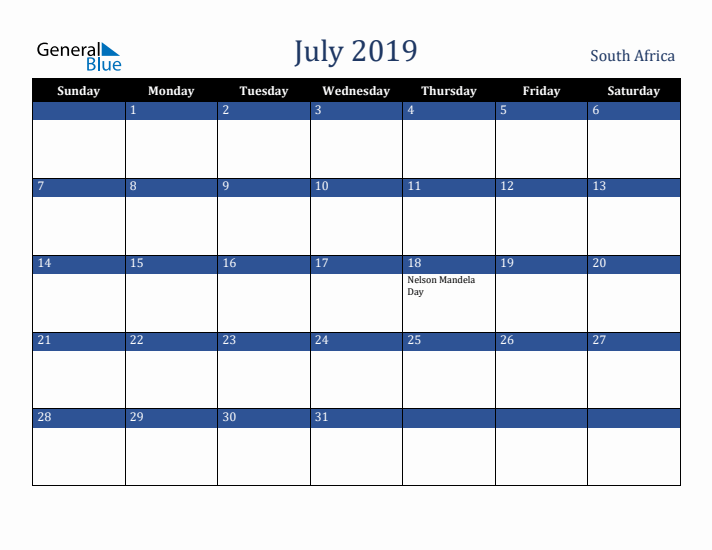 July 2019 South Africa Calendar (Sunday Start)