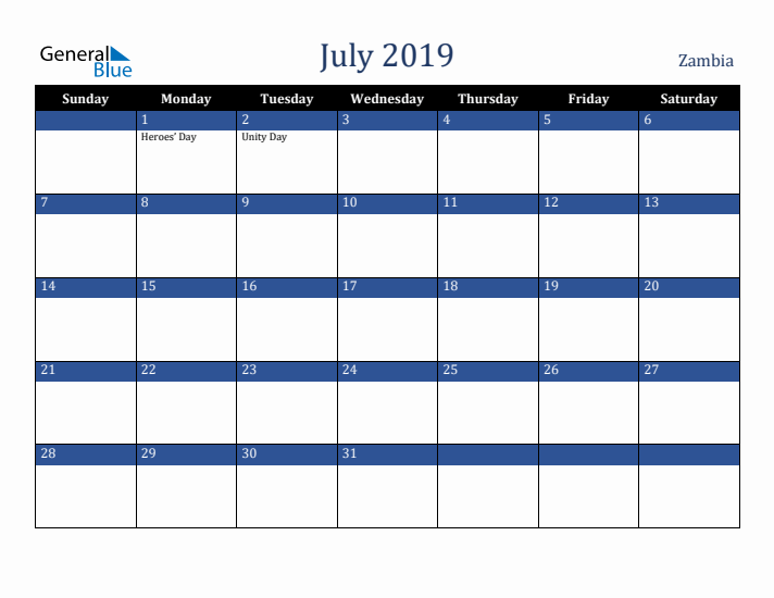 July 2019 Zambia Calendar (Sunday Start)