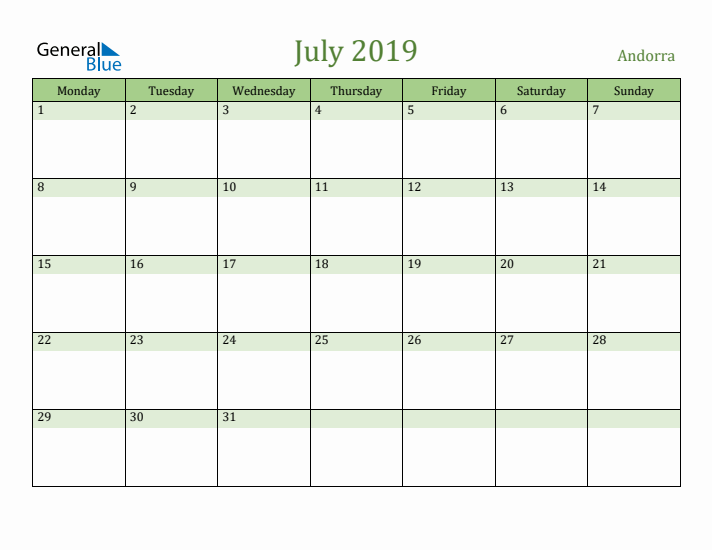 July 2019 Calendar with Andorra Holidays