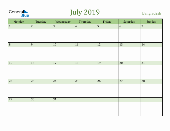 July 2019 Calendar with Bangladesh Holidays