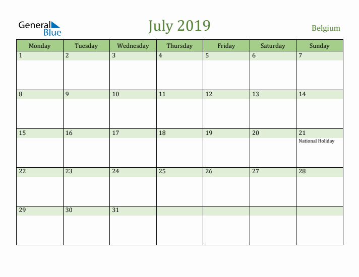 July 2019 Calendar with Belgium Holidays