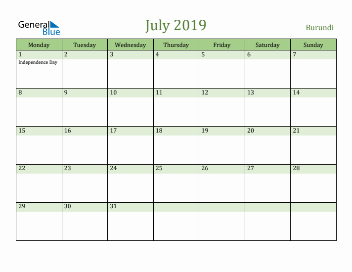 July 2019 Calendar with Burundi Holidays