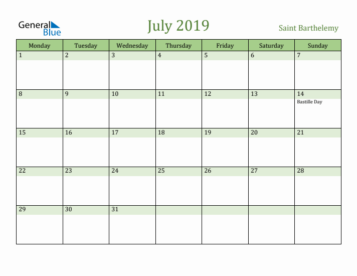 July 2019 Calendar with Saint Barthelemy Holidays