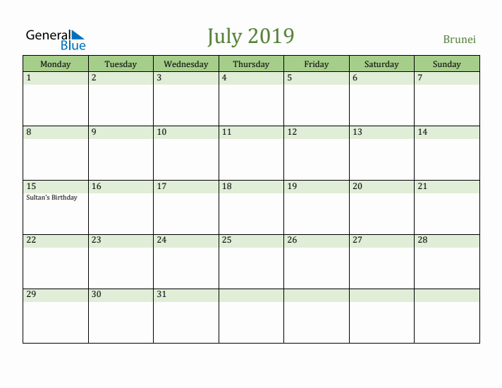 July 2019 Calendar with Brunei Holidays
