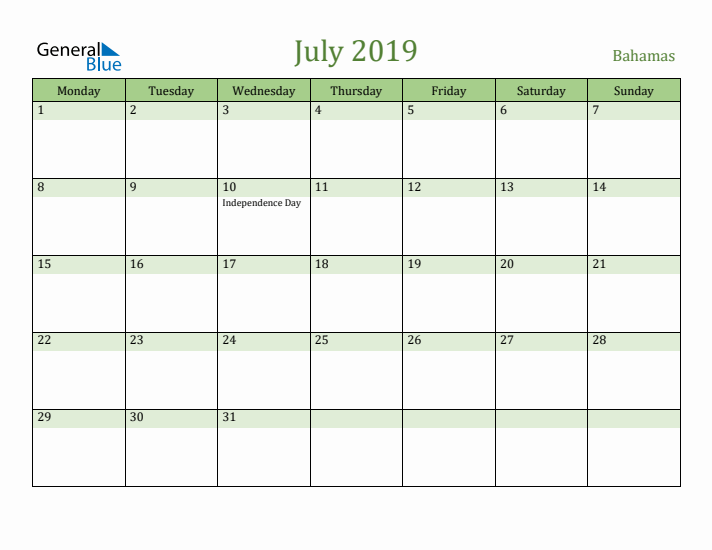 July 2019 Calendar with Bahamas Holidays