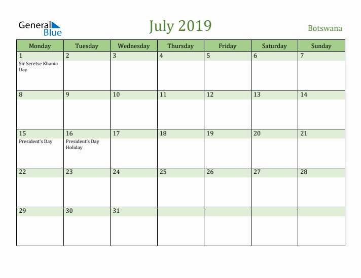 July 2019 Calendar with Botswana Holidays