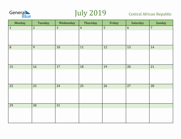 July 2019 Calendar with Central African Republic Holidays