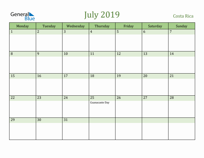 July 2019 Calendar with Costa Rica Holidays