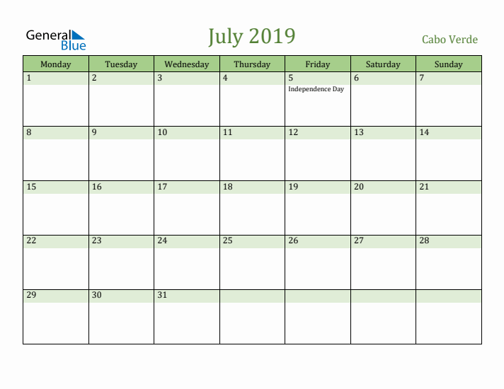 July 2019 Calendar with Cabo Verde Holidays