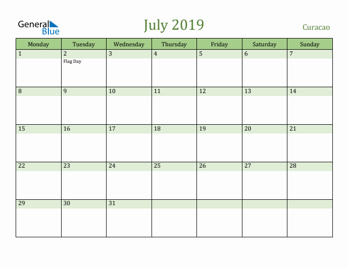 July 2019 Calendar with Curacao Holidays