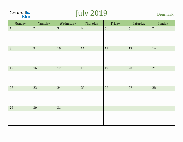 July 2019 Calendar with Denmark Holidays