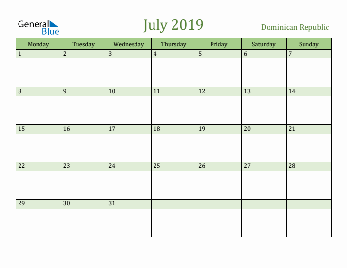 July 2019 Calendar with Dominican Republic Holidays