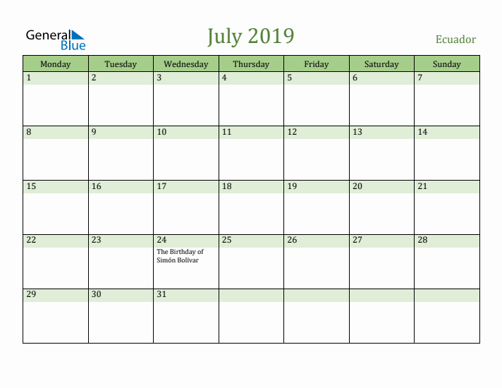 July 2019 Calendar with Ecuador Holidays