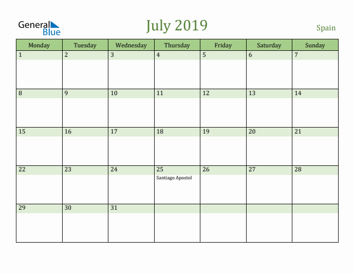 July 2019 Calendar with Spain Holidays