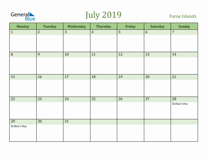 July 2019 Calendar with Faroe Islands Holidays