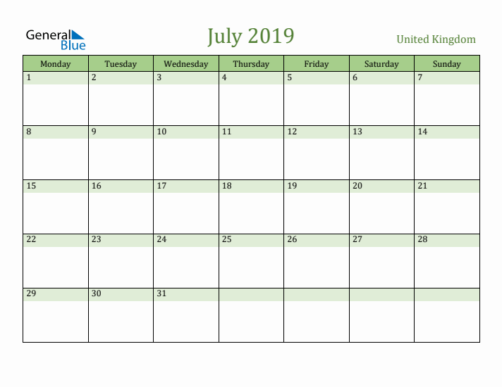 July 2019 Calendar with United Kingdom Holidays