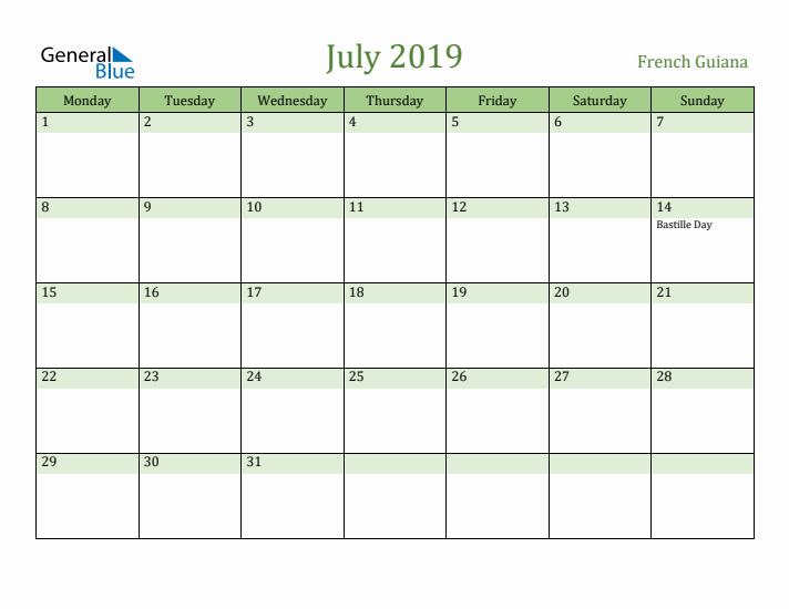 July 2019 Calendar with French Guiana Holidays