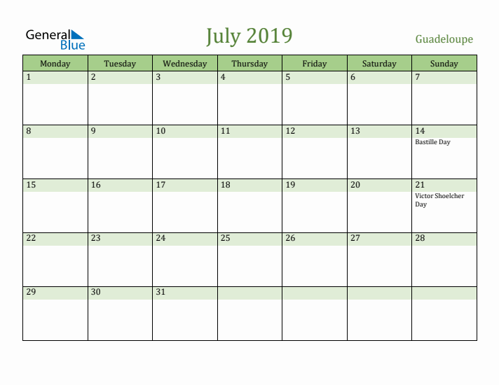 July 2019 Calendar with Guadeloupe Holidays