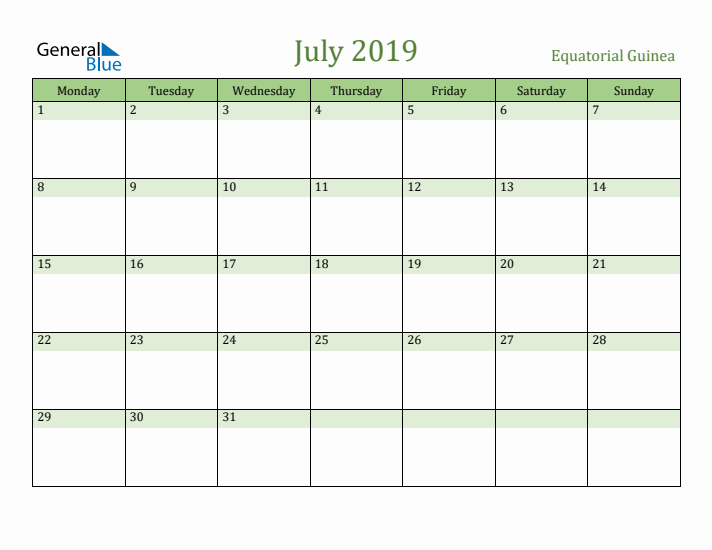 July 2019 Calendar with Equatorial Guinea Holidays