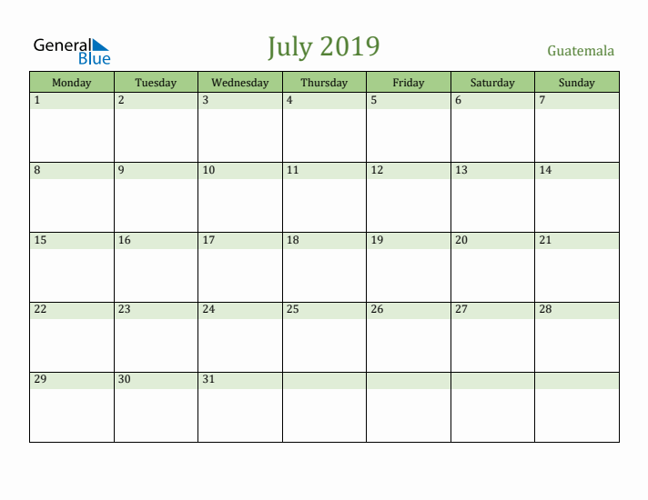 July 2019 Calendar with Guatemala Holidays