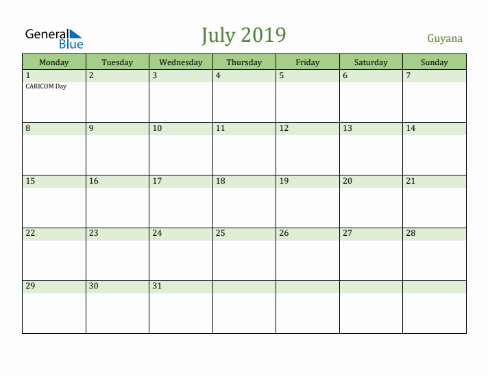July 2019 Calendar with Guyana Holidays