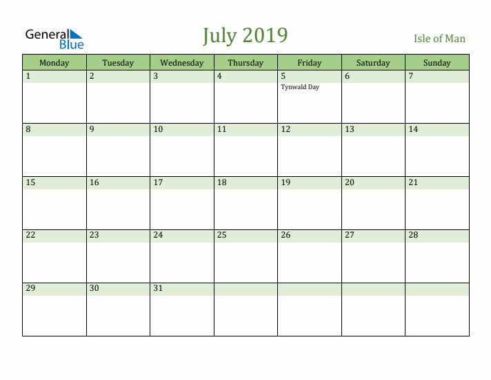 July 2019 Calendar with Isle of Man Holidays