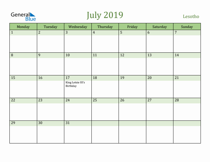 July 2019 Calendar with Lesotho Holidays