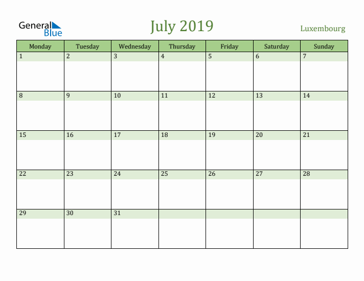 July 2019 Calendar with Luxembourg Holidays