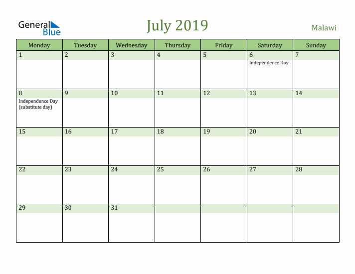 July 2019 Calendar with Malawi Holidays