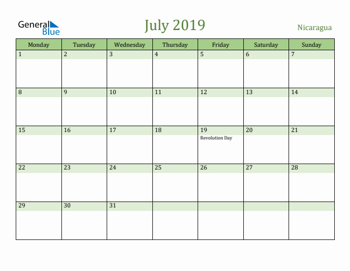 July 2019 Calendar with Nicaragua Holidays