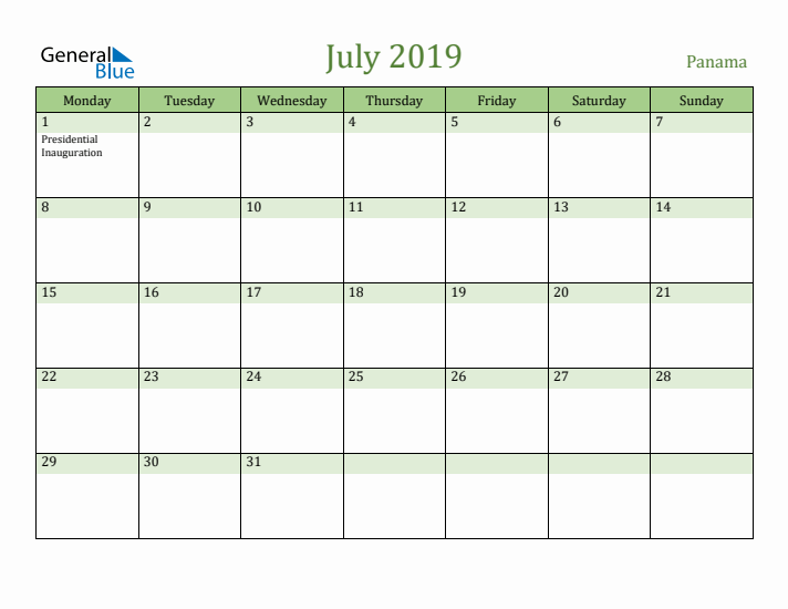 July 2019 Calendar with Panama Holidays