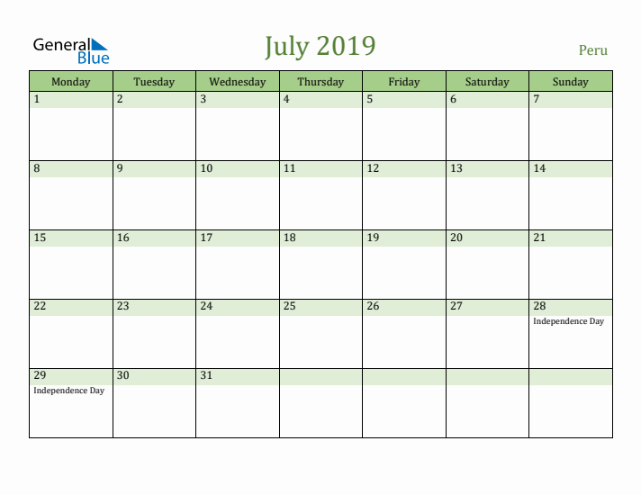 July 2019 Calendar with Peru Holidays