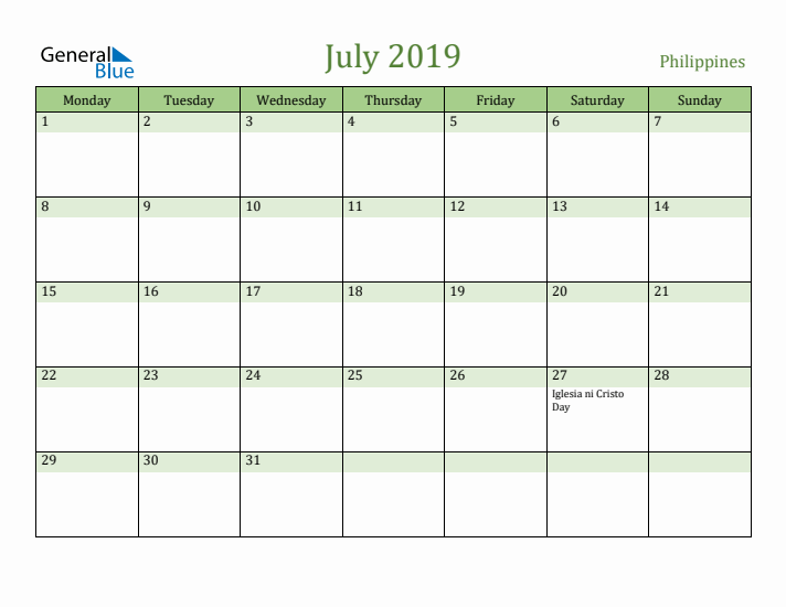 July 2019 Calendar with Philippines Holidays