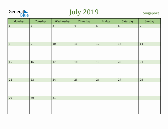 July 2019 Calendar with Singapore Holidays