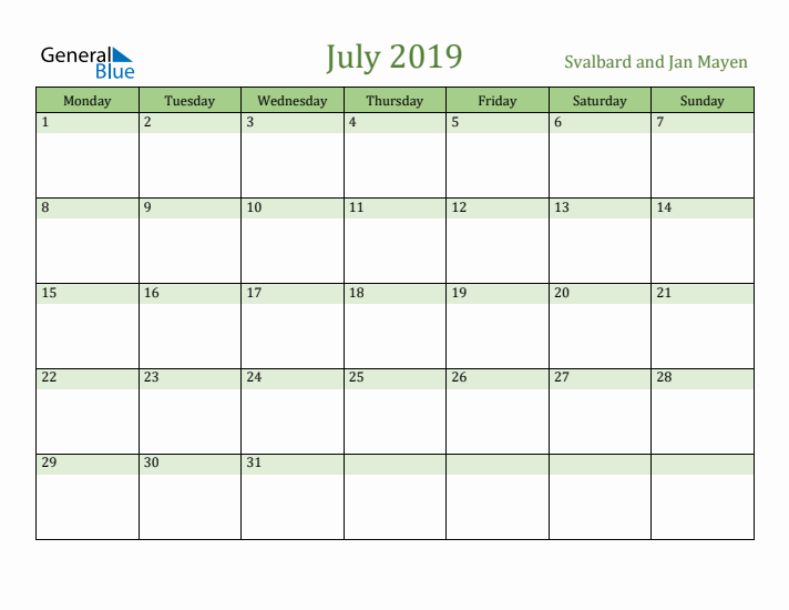 July 2019 Calendar with Svalbard and Jan Mayen Holidays