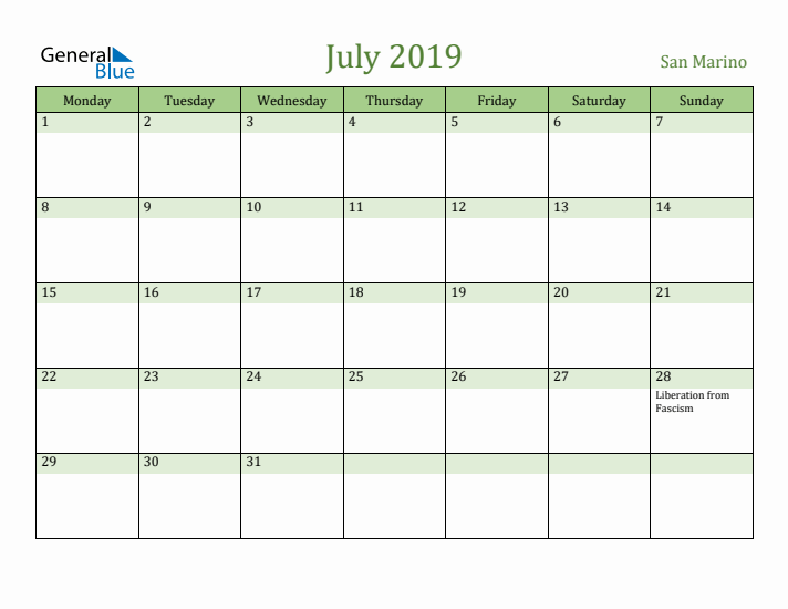 July 2019 Calendar with San Marino Holidays