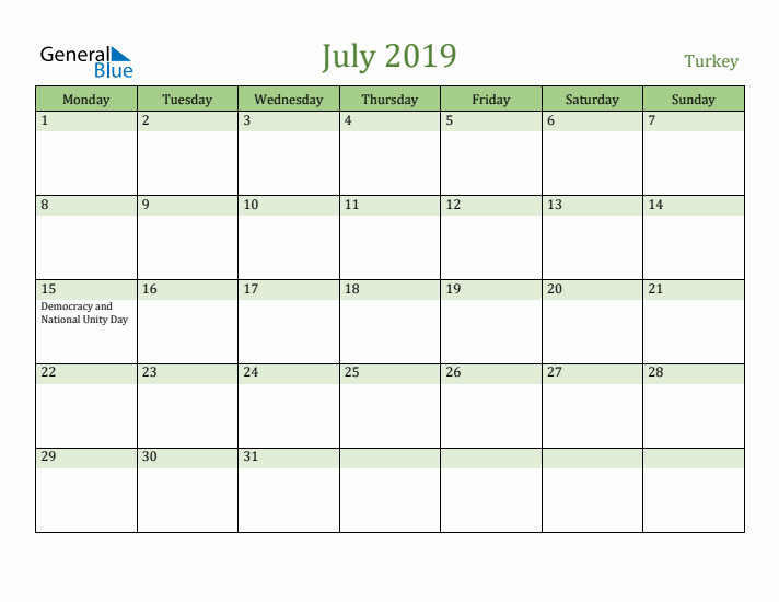 July 2019 Calendar with Turkey Holidays
