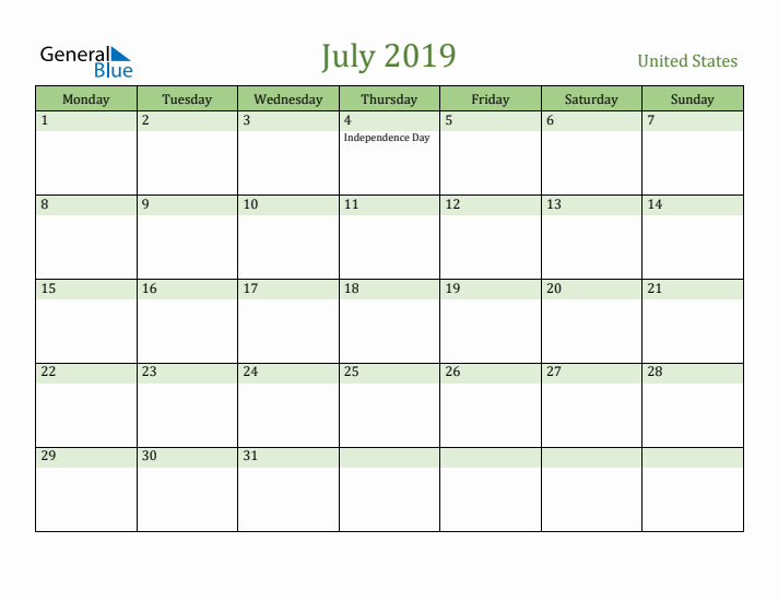 July 2019 Calendar with United States Holidays