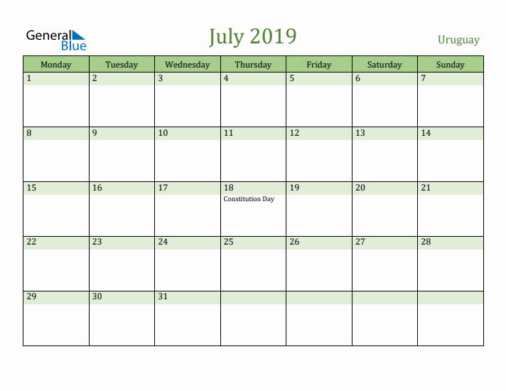 July 2019 Calendar with Uruguay Holidays