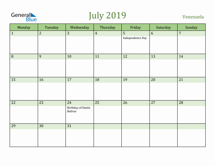 July 2019 Calendar with Venezuela Holidays