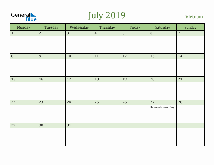 July 2019 Calendar with Vietnam Holidays
