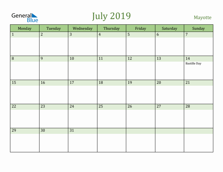 July 2019 Calendar with Mayotte Holidays