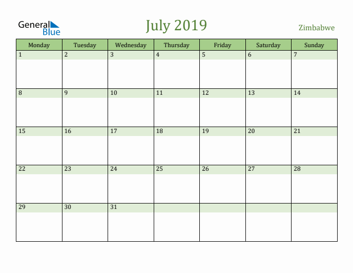 July 2019 Calendar with Zimbabwe Holidays