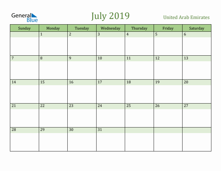 July 2019 Calendar with United Arab Emirates Holidays
