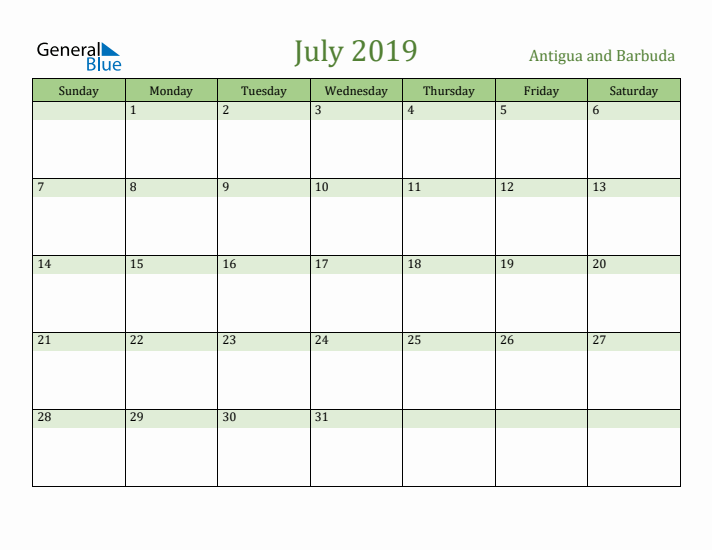 July 2019 Calendar with Antigua and Barbuda Holidays
