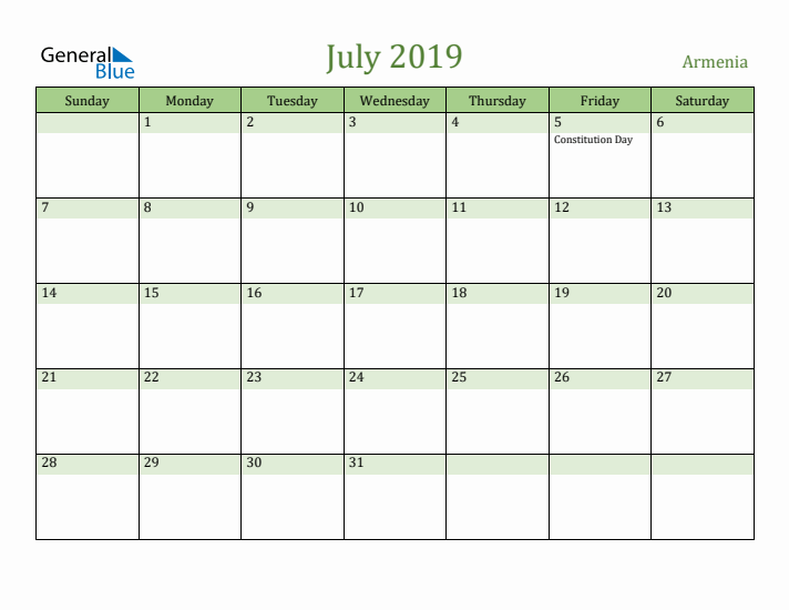 July 2019 Calendar with Armenia Holidays