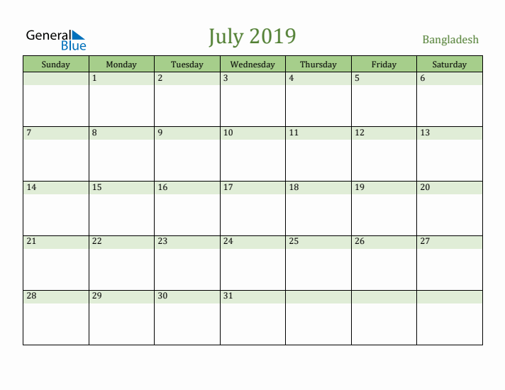 July 2019 Calendar with Bangladesh Holidays