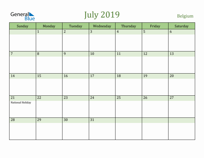 July 2019 Calendar with Belgium Holidays