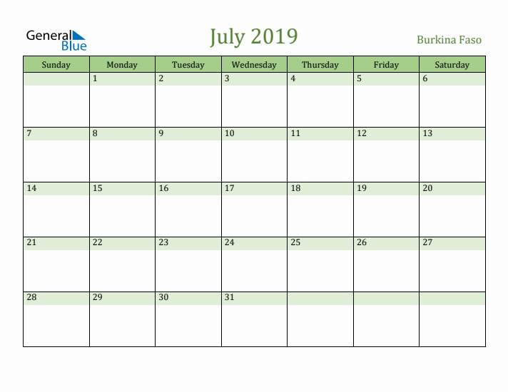 July 2019 Calendar with Burkina Faso Holidays